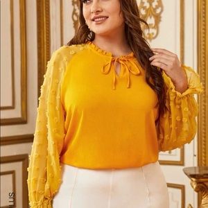 Plus sized Tie Neck Swiss Dot Bell Sleeve Top